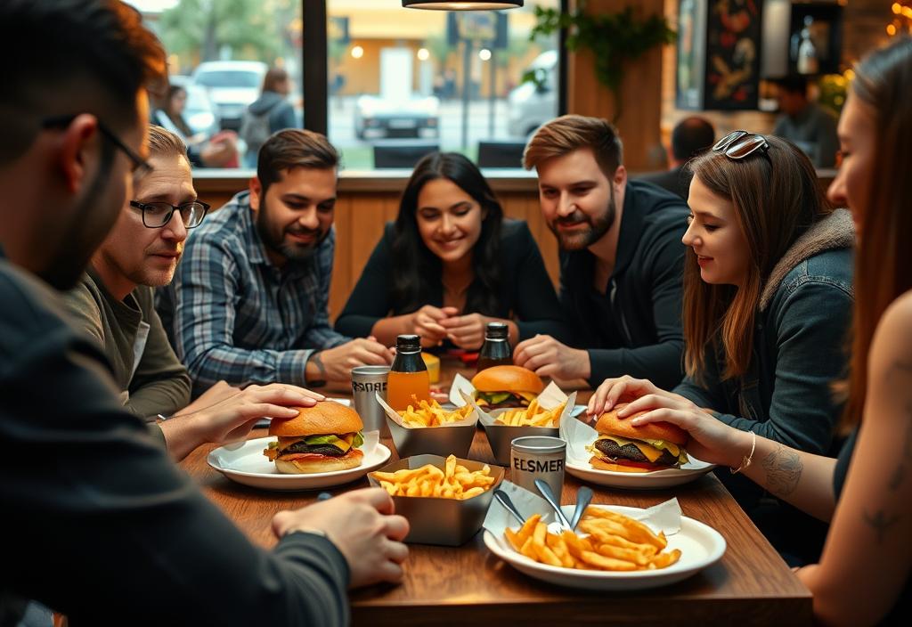 A group of people gathered around a table, enjoying cheeseburgers and fries