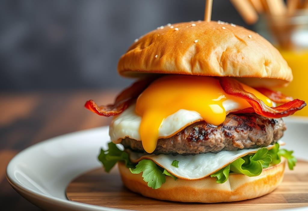 A breakfast cheeseburger with a fried egg and bacon