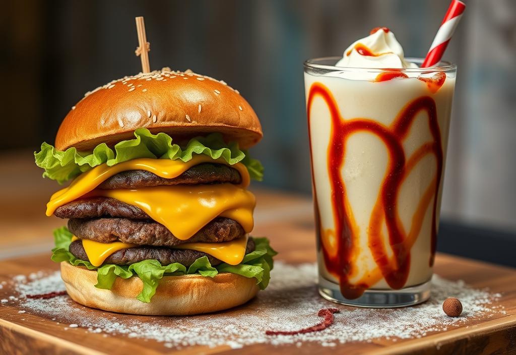 A cheeseburger and milkshake combo