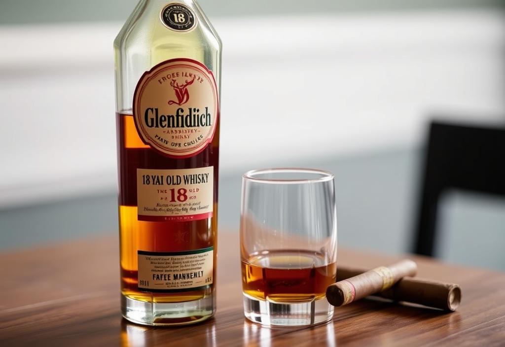 A bottle of Glenfiddich 18 Year Old whisky on a wooden table, with a glass and a cigar nearby