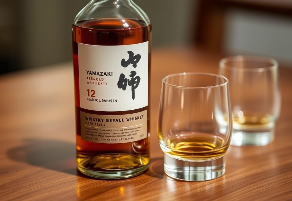 A bottle of Yamazaki 12 Year Old whisky on a wooden table, with a glass nearby