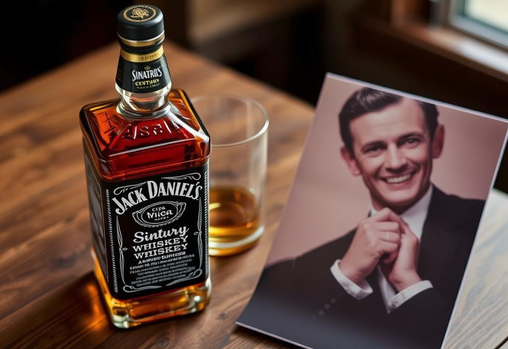 A bottle of Jack Daniel's Sinatra Century whisky on a wooden table, with a glass and a photo of Frank Sinatra nearby