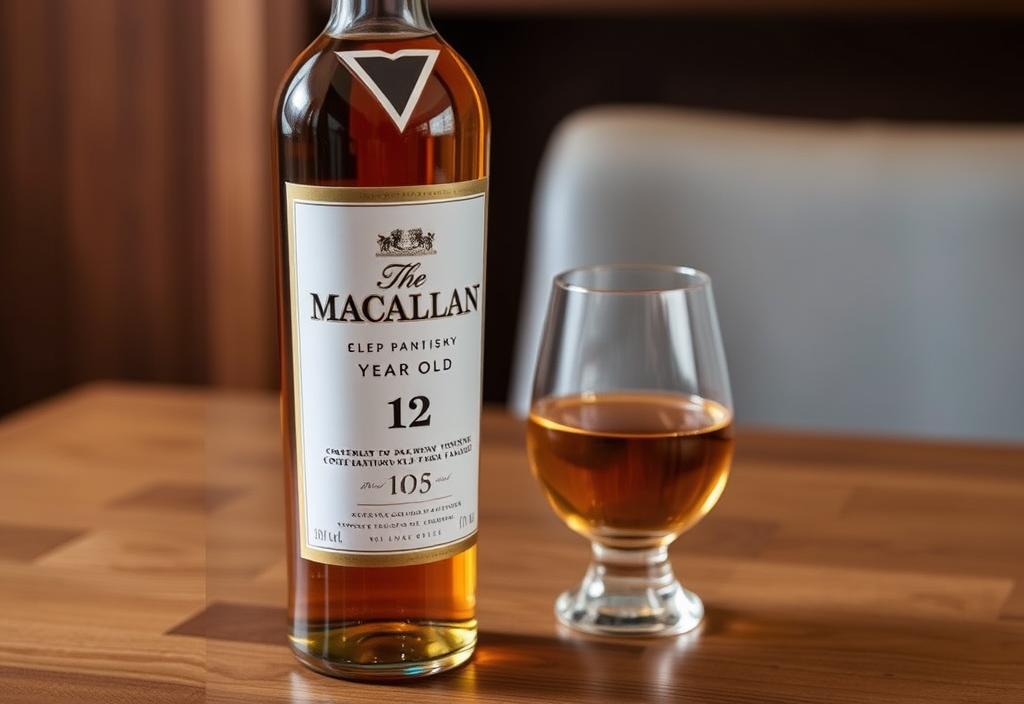 A bottle of The Macallan 12 Year Old whisky on a wooden table, with a glass nearby