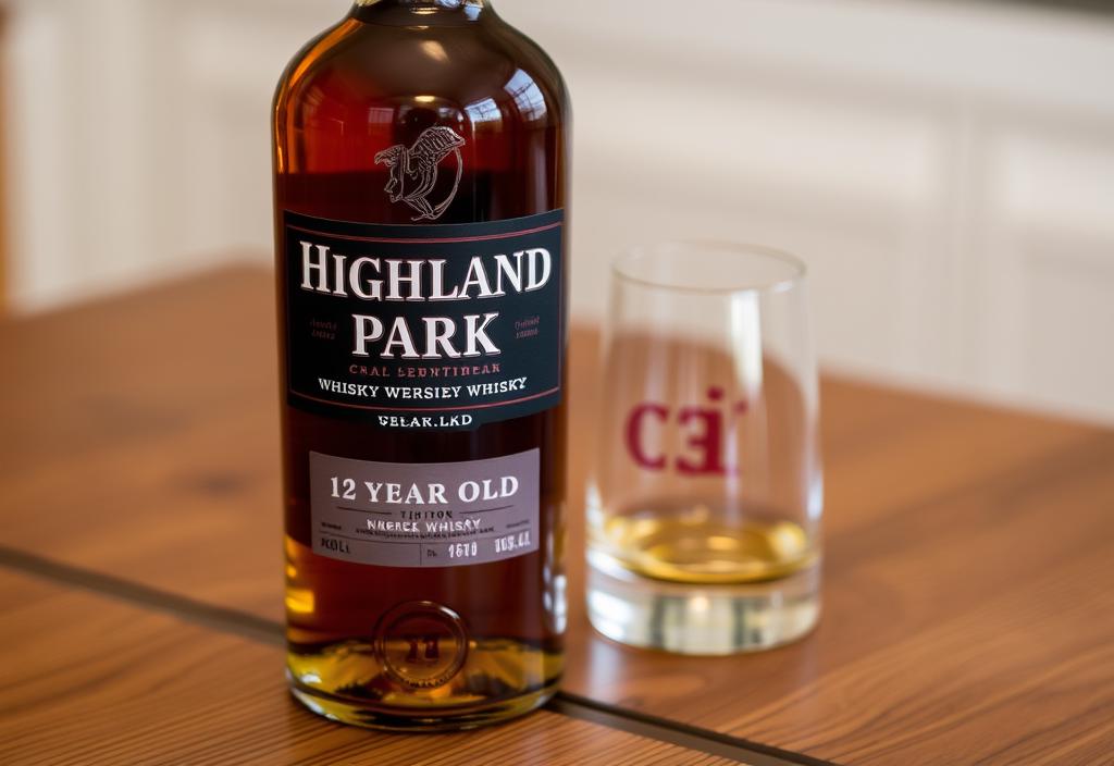 A bottle of Highland Park 12 Year Old whisky on a wooden table, with a glass nearby