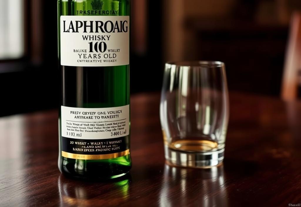 A bottle of Laphroaig 10 Year Old whisky on a wooden table, with a glass nearby