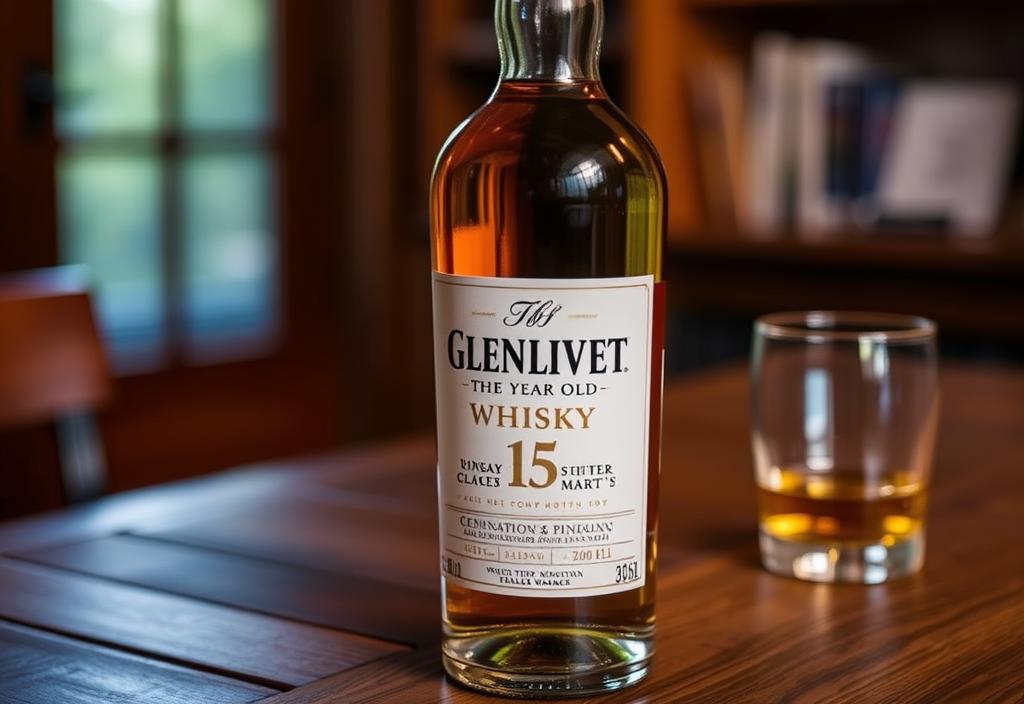 A bottle of Glenlivet 15 Year Old whisky on a wooden table, with a glass nearby