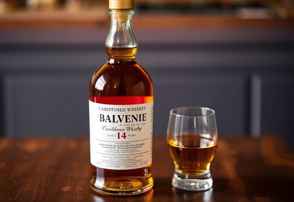 A bottle of Balvenie 14 Year Old Caribbean Cask whisky on a wooden table, with a glass nearby