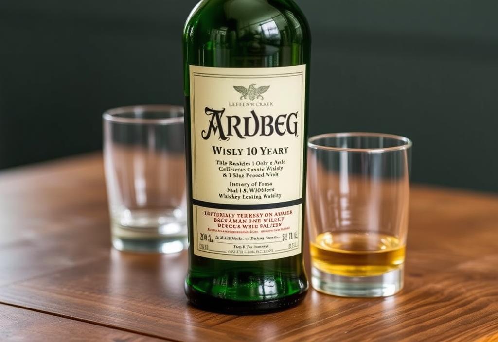 A bottle of Ardbeg 10 Year Old whisky on a wooden table, with a glass nearby