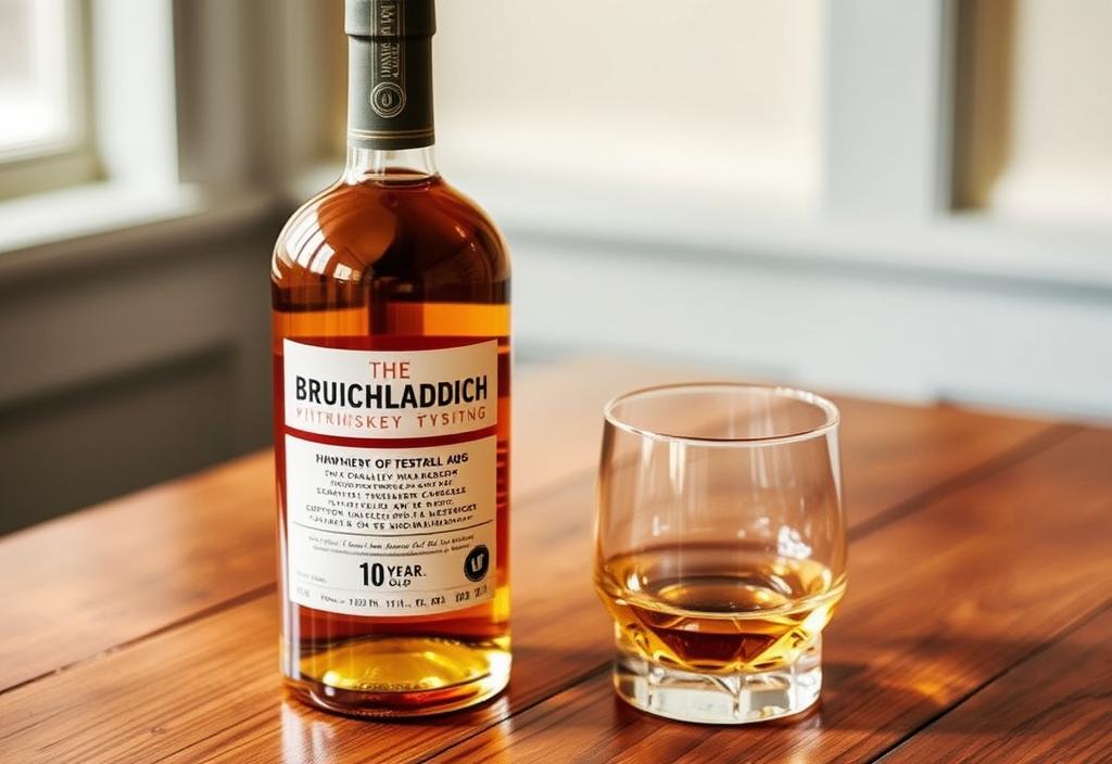 A bottle of Bruichladdich 10 Year Old whisky on a wooden table, with a glass nearby