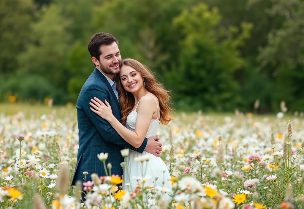 A couple embracing in a field of flowers