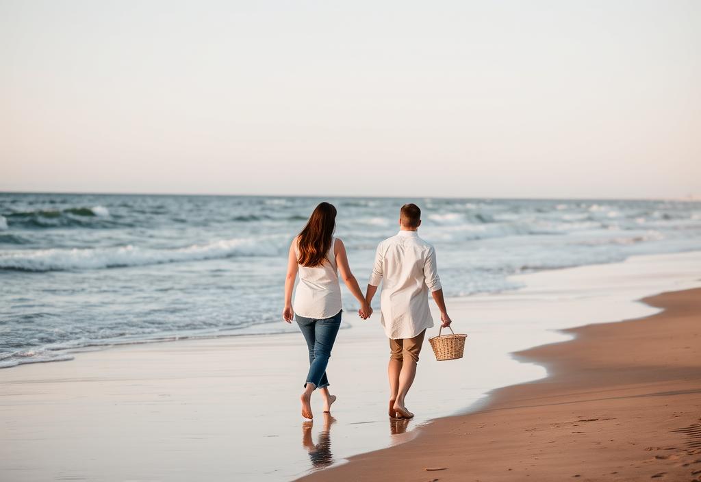 A couple walking hand in hand along a beach