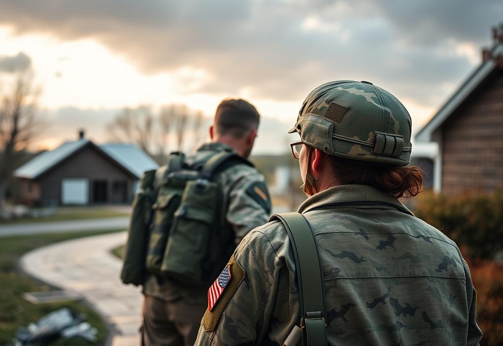 A soldier returning home to a woman waiting for him