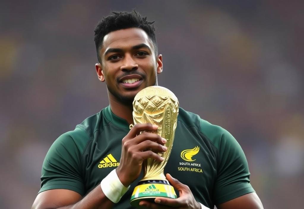 A South African Springboks player holding the World Cup trophy