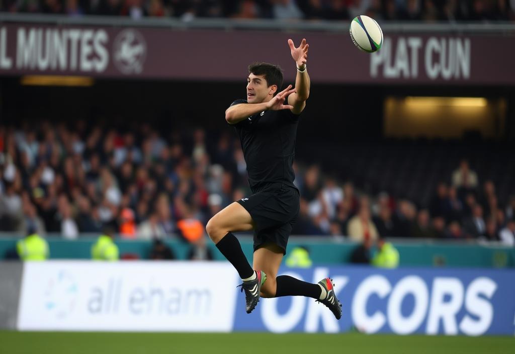 A New Zealand All Blacks player in mid-air, delivering a perfect pass