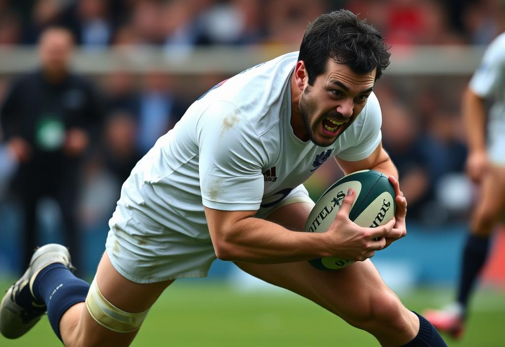 An English rugby player tackling an opponent, with a fierce expression