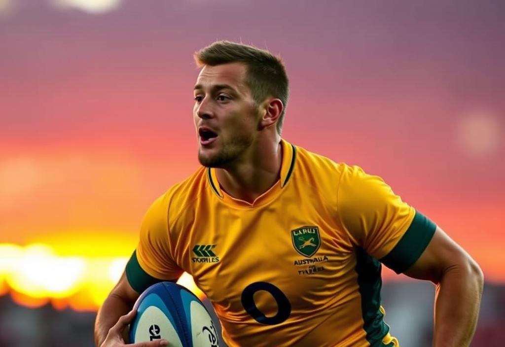 An Australian Wallabies player in action, with a sunset background