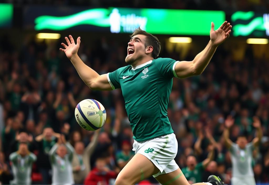 An Irish rugby player celebrating a try, with a cheering crowd in the background