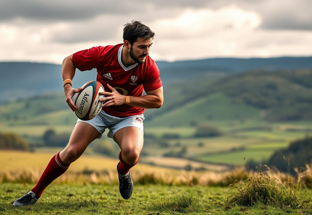 A Welsh rugby player in action, with a scenic Welsh landscape background