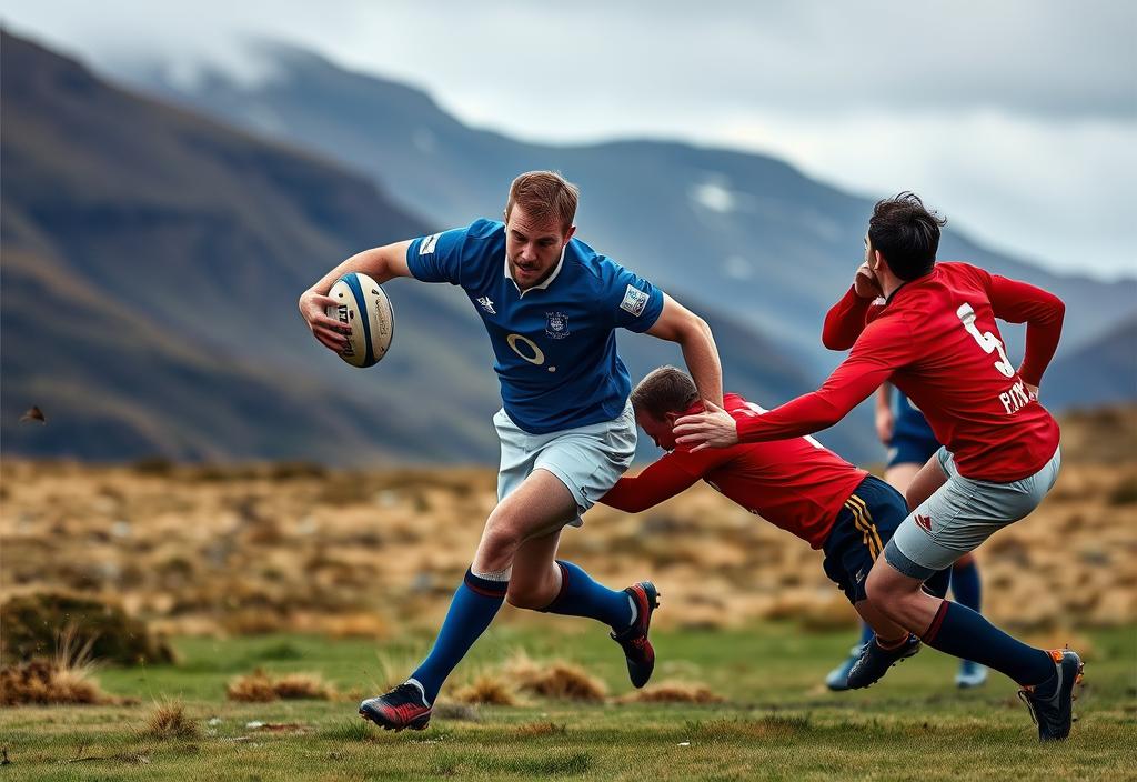 A Scottish rugby player tackling an opponent, with a rugged Scottish landscape background