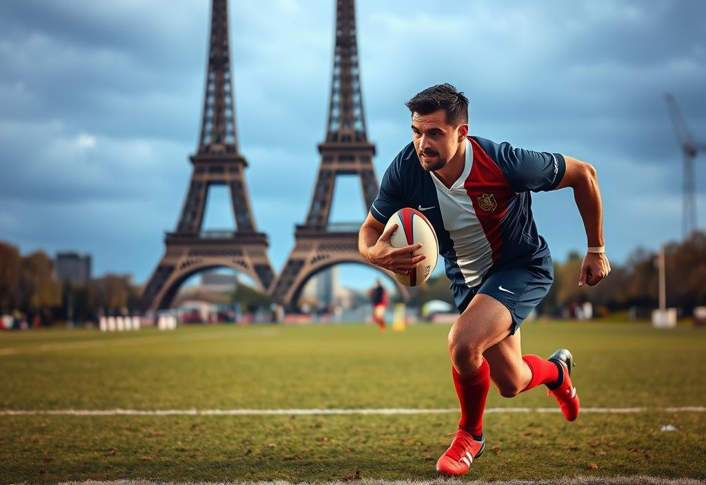 A French rugby player in action, with the Eiffel Tower in the background