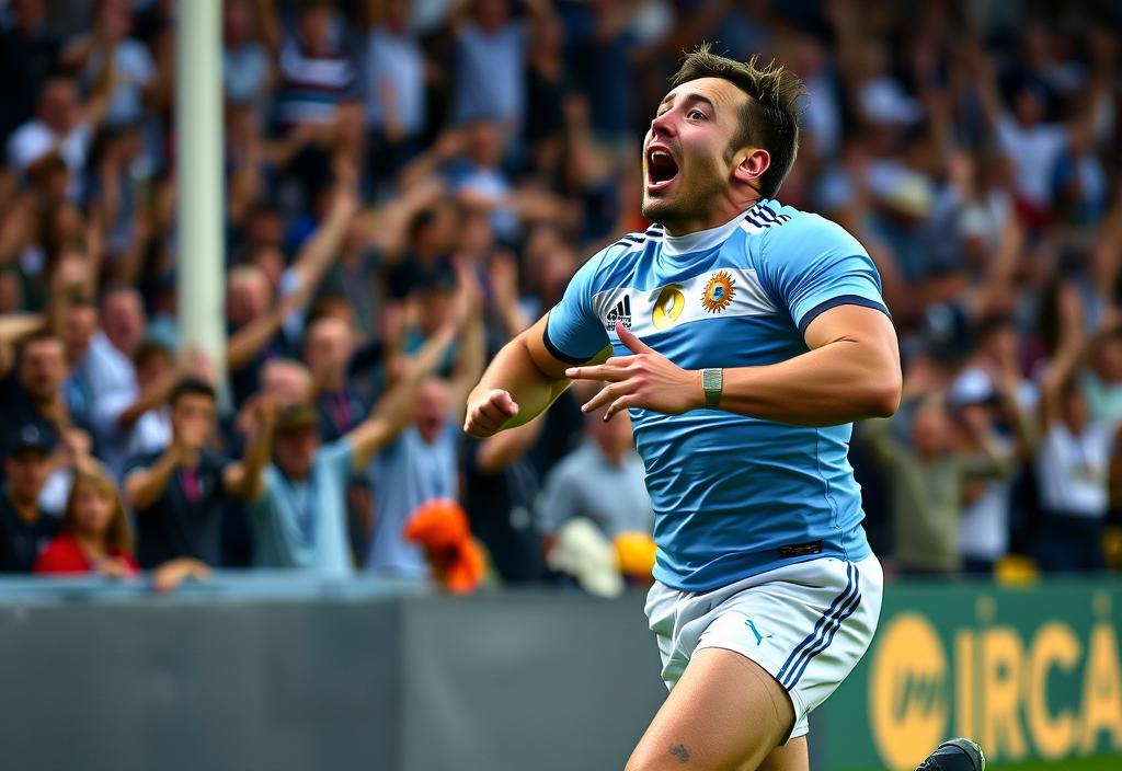 An Argentine rugby player celebrating a try, with a cheering crowd in the background