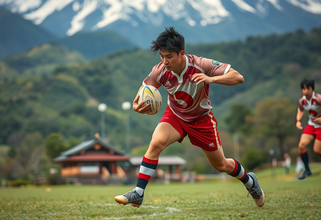 A Japanese rugby player in action, with a scenic Japanese landscape background