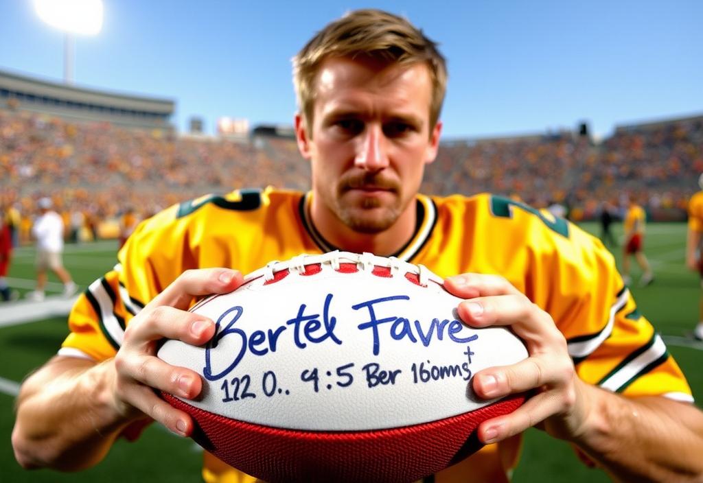 A photo of Brett Favre holding a football with a record-breaking sign