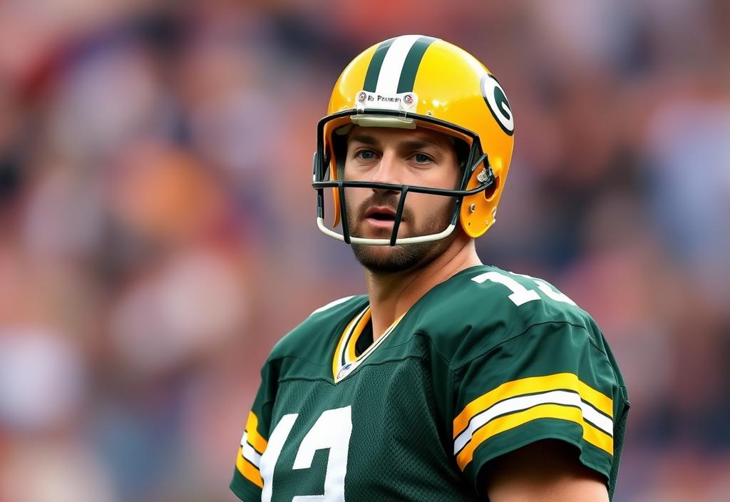 A photo of Brett Favre in his Packers uniform with the Packers logo