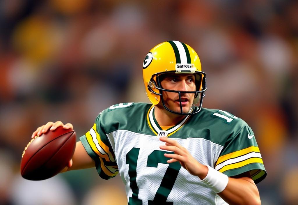 A photo of Brett Favre in his NFL uniform with a football