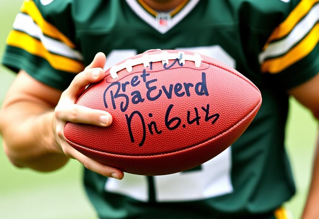 A photo of Brett Favre holding a football with a record-breaking sign