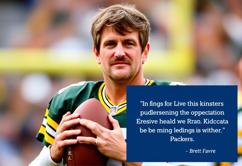 A photo of Brett Favre in his Packers uniform with a leadership quote