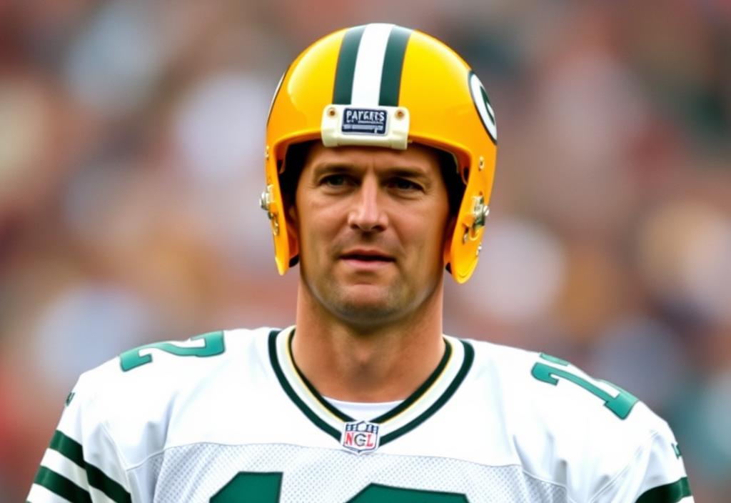 A photo of Brett Favre in his Packers uniform with a Green Bay logo