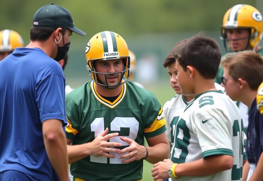 A photo of Brett Favre with young players at a football camp