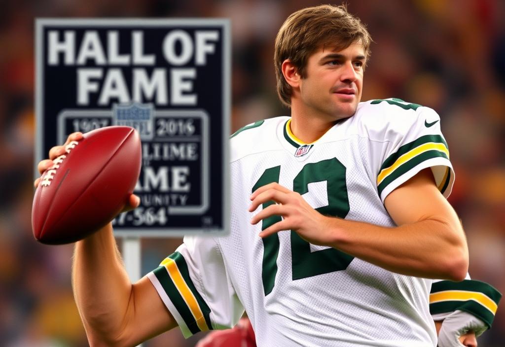 A photo of Brett Favre holding a football with a Hall of Fame sign