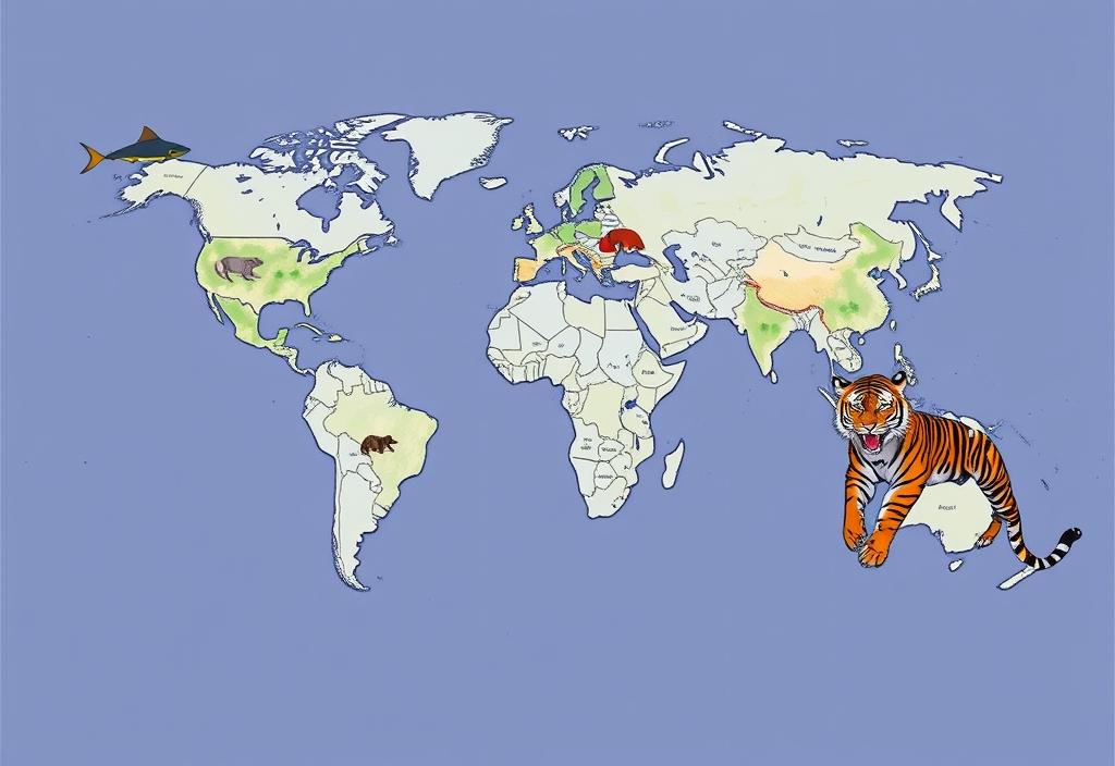 A map of the world with rays and tigers inhabiting their respective habitats