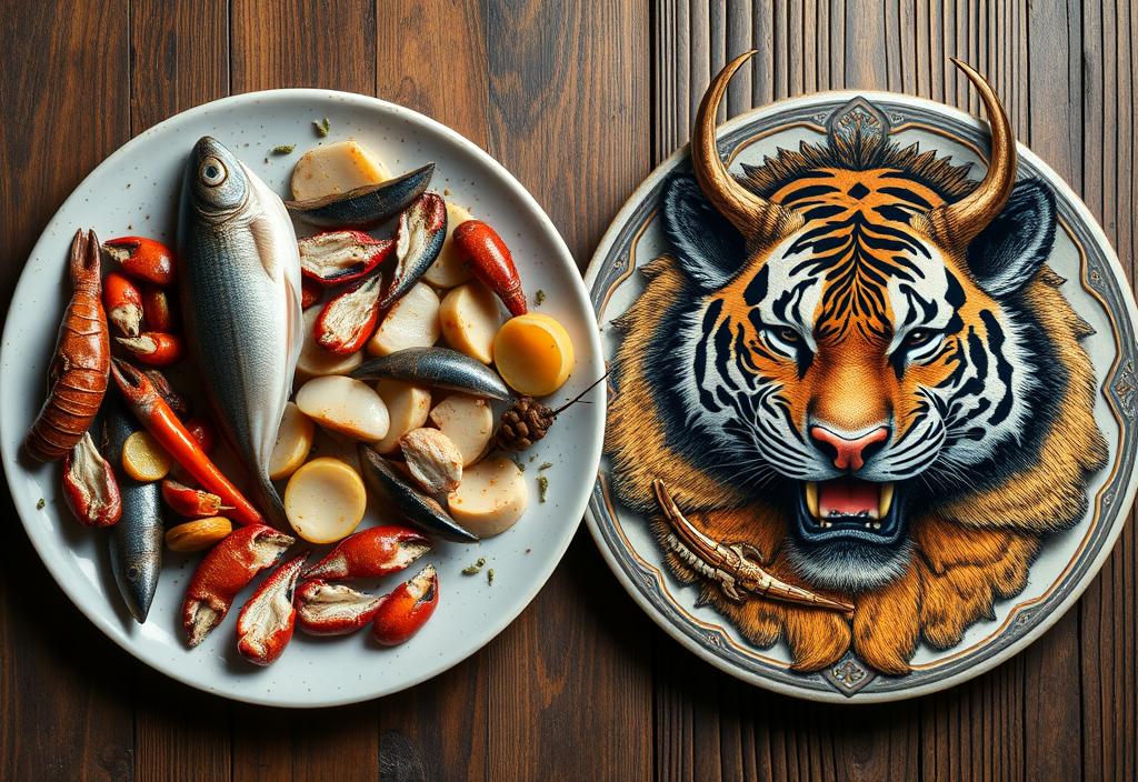 A plate of fish and crustaceans for rays, and a plate of deer and wild boar for tigers