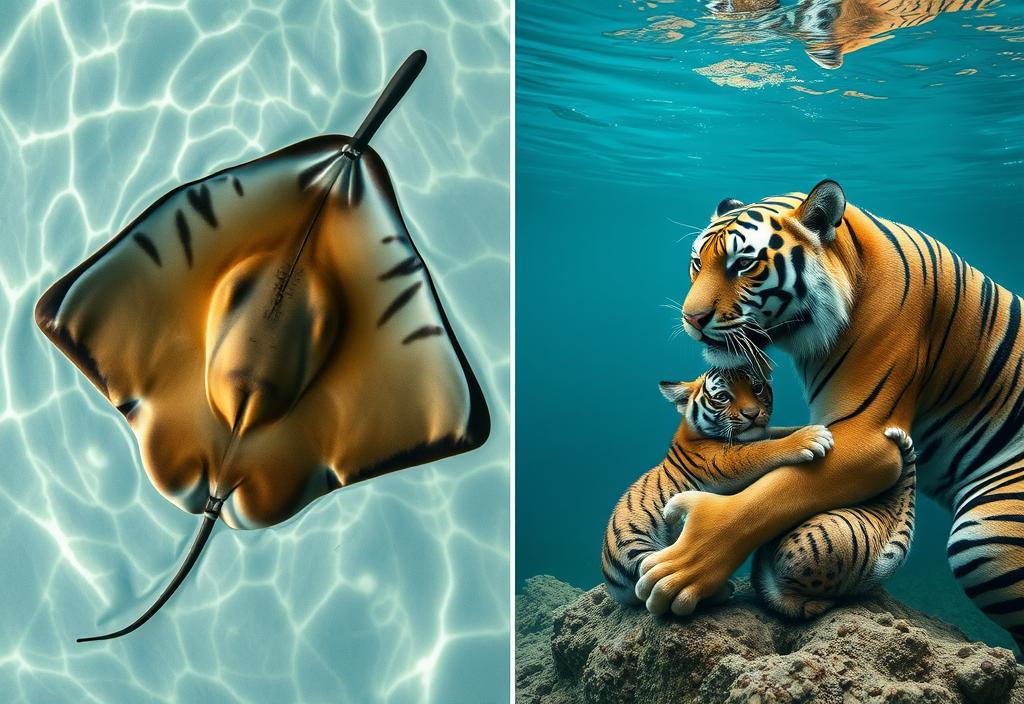 A female ray laying eggs, and a tiger giving birth to cubs