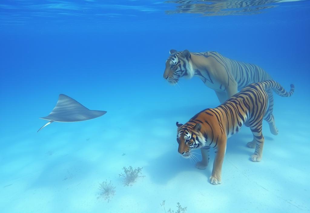 A ray swimming alone, and a tiger marking its territory