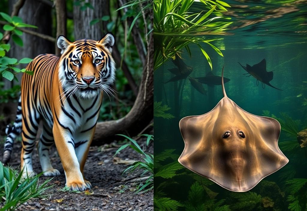 A tiger in a protected area, and a ray in a vulnerable habitat