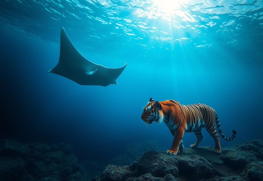 A ray migrating through the ocean, and a tiger marking its territory