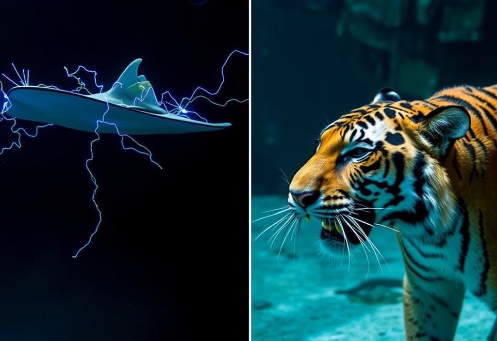 A ray using electrical signals, and a tiger using vocalizations