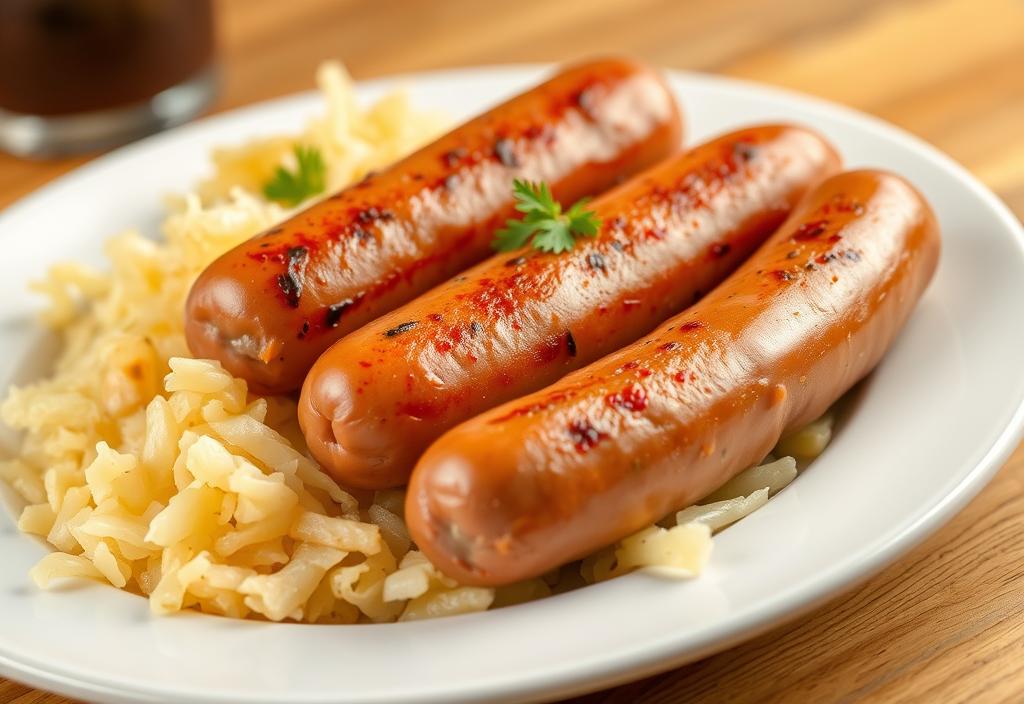 Image of a plate of bratwurst with sauerkraut