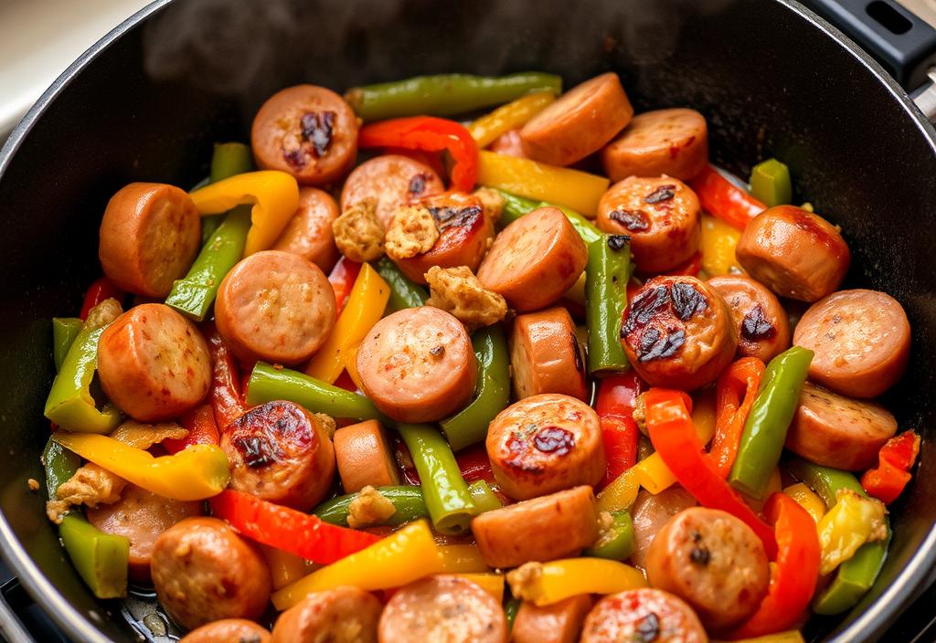 Image of a skillet of sausage and peppers