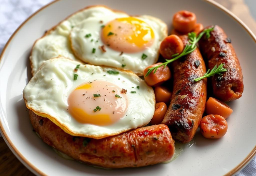 Image of a plate of Greek-style sausage and eggs