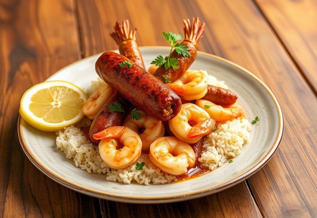 Image of a plate of Cajun-style sausage and shrimp