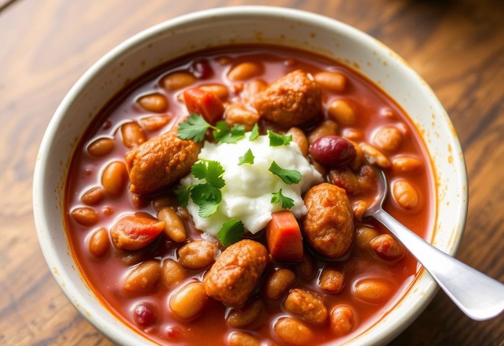 Image of a bowl of Mexican-style sausage and bean chili