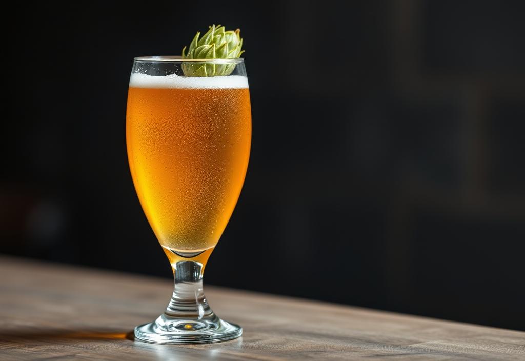 A glass of Pliny the Elder beer with a hop cone garnish