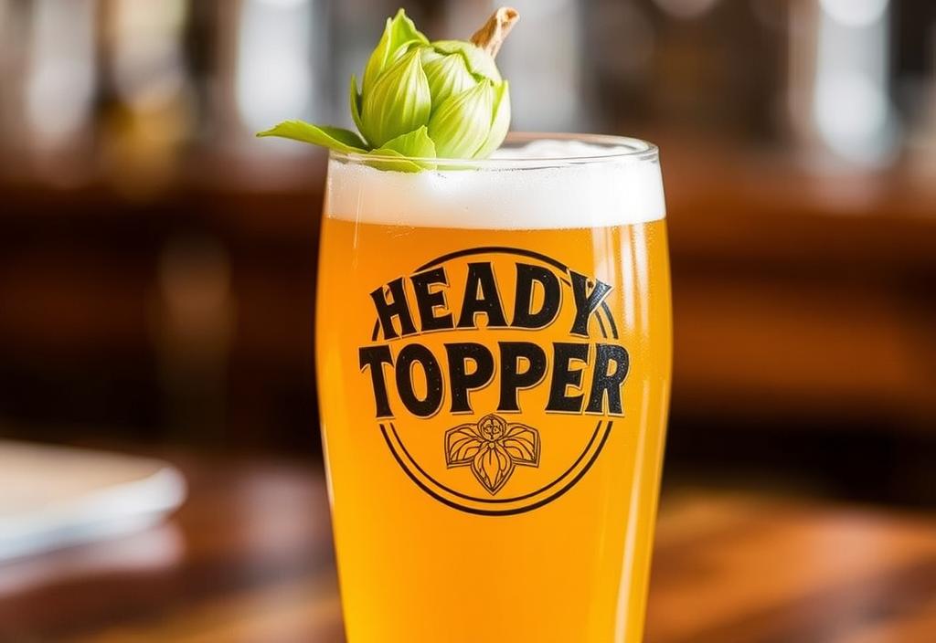 A glass of Heady Topper beer with a hop cone garnish