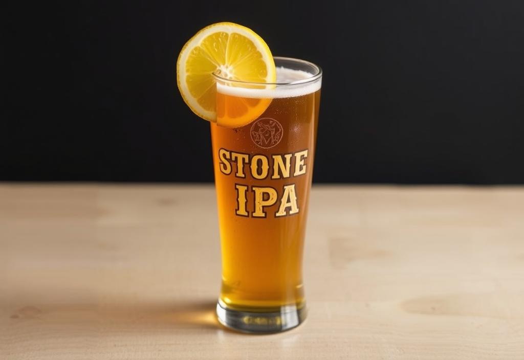 A glass of Stone IPA beer with a slice of citrus