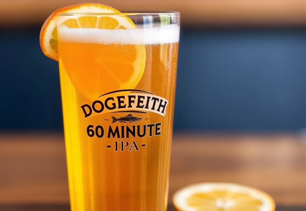 A glass of Dogfish Head 60 Minute IPA beer with a slice of citrus